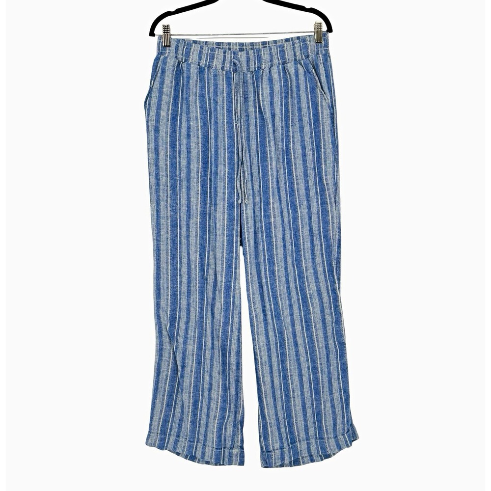 Briggs Women's Large Linen Blend Pants Blue White Stripe Wide Leg Drawstring